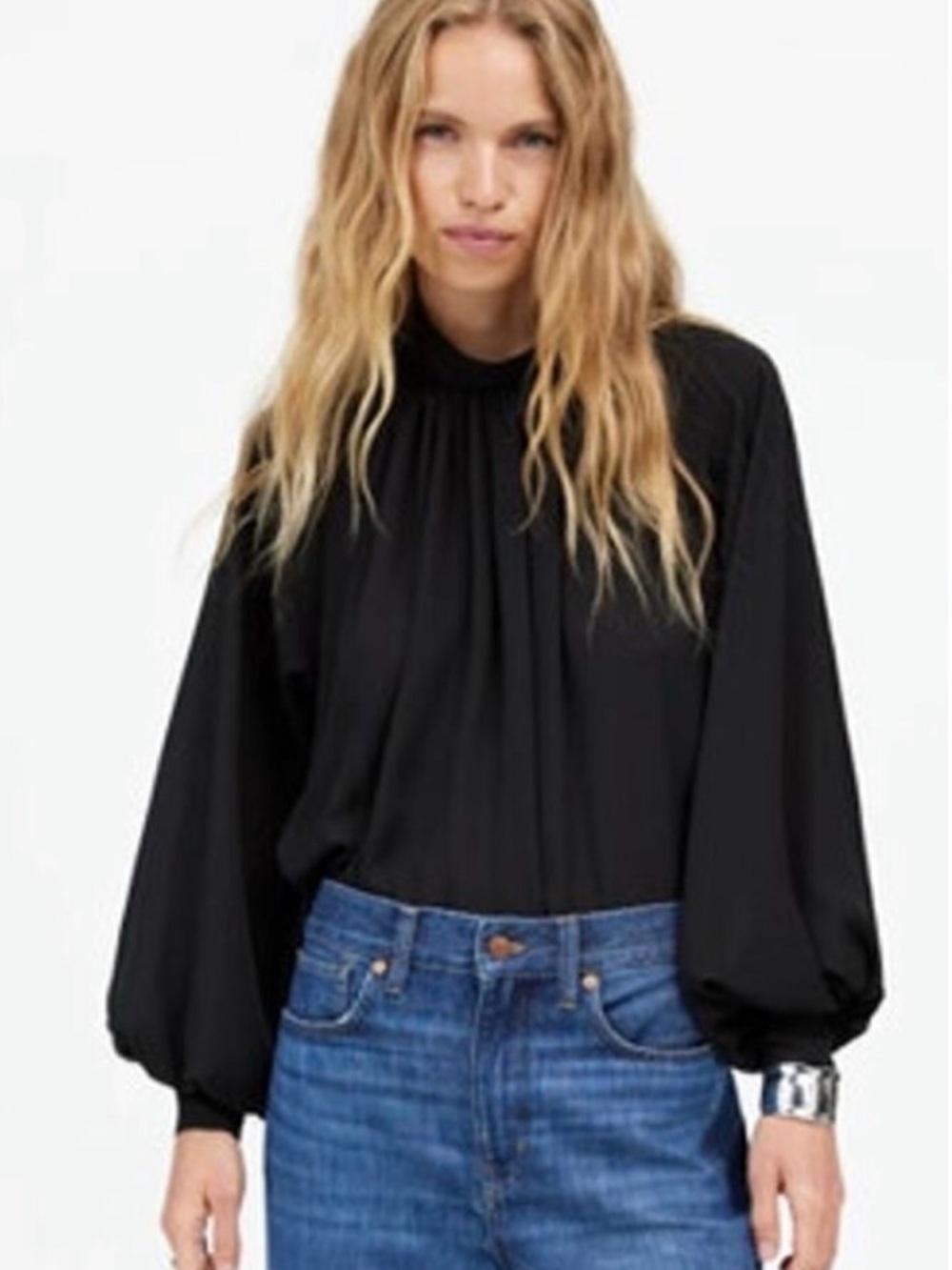 Madewell Black Mock Neck Balloon Sleeve Blouse